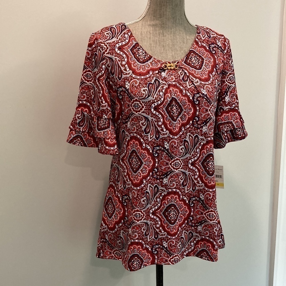 Studio Works Red Short Ruffle Sleeve Top Medium - Picture 6 of 12